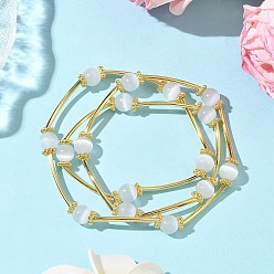 Белый Многорядные браслеты из круглых бусин кошачий глаз для женщин, с латунной бисера, белые, внутренний диаметр: 2 дюйм (5.2 см)