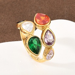 Разноцветный 304 Открытые кольца для манжеты из нержавеющей стали с кубическим цирконием, слеза, золотые, красочный, 2.5~7.5 мм, внутренний диаметр: 19 мм