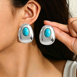 Platinum Alloy & Resin Oval Stud Earrings for Women, Platinum, 30mm