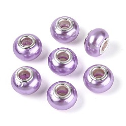 Лиловый Искусственный жемчуг стиль смолы европейские бусины, бусины с большими отверстиями в форме шайбы, с двойных ядер серебрянного цвета, сирень, 14x9 мм, отверстие : 5 мм