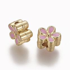 Pearl Pink Brass Enamel Beads, Long-Lasting Plated, Flower, Real 18K Gold Plated, Pearl Pink, 7x3.3mm, Hole: 1.6mm