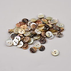 Mixed Color 2-Hole Natural Akoya Shell Buttons, Flat Round, Mixed Color, 10~10.5x1~2mm, Hole: 1.5mm