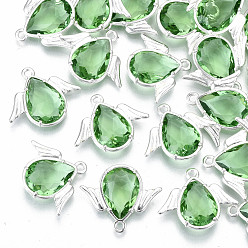 Зеленый лайм Граненые подвески стекла, с элементами из экологически чистого сплава, без кадмия, без никеля и без свинца, ангел, серебряные, зеленый лайм, 18x22x4.5 мм, отверстие : 1.6 мм