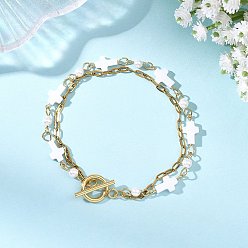Золотой Браслет из двухслойной цепочки с крестообразными звеньями из натуральной ракушки и цепочки из нержавеющей стали в виде скрепки для женщин., золотые, 304 дюйм (7.48 см)