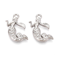 Платина Подвески из сплава и страза, русалка, без свинца и без кадмия, платина, 22x17x2.5 мм, отверстие : 1.8 мм