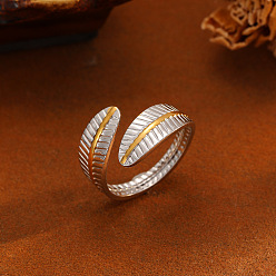 Leaf Two Tone 304 Stainless Steel Cuff Open Rings for Women, Golden & Stainless Steel Color, Leaf, US Size 4 1/4(15~20mm)