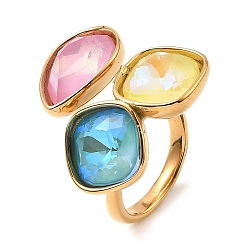 Colorful Teardrop & Square Glass Open Cuff Rings, Real 18K Gold Plated 304 Stainless Steel Ring, Colorful, US Size 7 1/4(17.5mm)