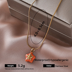 Dark Orange 304 Stainless Steel Enamel Star Pendant Necklaces for Girls, Golden, Dark Orange, 15.75 inch(40cm)