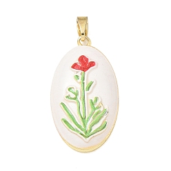 Golden Brass Enamel Pendants, Oval with Flower Charms, Golden, 26.5x14.5x5mm, Hole: 2x4.5mm