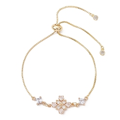 Золотой Регулируемые латунные браслеты со звеньями-слайдерами, цветок, с подвесками из кубических цирконий в латунной оправе, золотые, 10.28 дюйм (26.1 см)