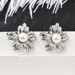 Нержавеющая Сталь Цвет 304 Выводы серьги из нержавеющей стали шпилька, с натуральным пресноводным жемчугом, цветок, цвет нержавеющей стали, 20.5x19.5 мм, отверстие : 2.5 мм, штифты : 11.5x0.7 мм