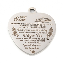 Нержавеющая Сталь Цвет Не тускнеющие 201 подвески из нержавеющей стали, Подвески-послания на семейную тему, сердце со словами-подвесками, цвет нержавеющей стали, 30.5x29x2 мм, отверстие : 3 мм