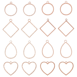 Rose Gold 16Pcs 8 Style Zinc Alloy Open Back Bezel Pendants, For DIY UV Resin, Epoxy Resin, Pressed Flower Jewelry, Mixed Shapes, Rose Gold, 2pcs/style