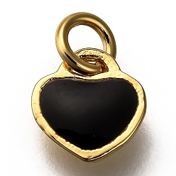Черный Эмаль латунные брелоки, долговечный, сердце, золотые, чёрные, 7.5x7.5x2.5 мм, отверстие : 2.8 мм