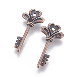 Красная Медь Тибетском стиле сплава Skeleton Key подвески, без кадмия, без никеля и без свинца, Красная медь, 30x14x4 мм, отверстие : 1.5 мм