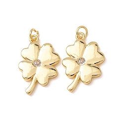 Clear Brass Micro Pave Cubic Zirconia Pendants, Clover Charms, Rack Plating, Long-Lasting Plated, Lead Free & Cadmium Free, Real 18K Gold Plated, Clear, 25x16x3mm, Hole: 3mm