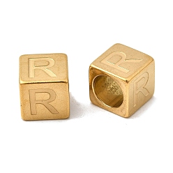 Letter R 304 из нержавеющей стали европейские шарики, бусины с большим отверстием, куб с письмом, золотые, Буква R, 7x7x7 мм, отверстие : 5 мм