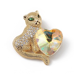 чирок Настоящие позолоченные подвески из латуни с микропаве из прозрачного кубического циркония, со стеклом, долговечный, без кадмия и без свинца, леопард с сердечком, зелено-синие, 18 мм, отверстие : 24x22x8 мм