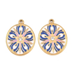 Blau 304 Anhänger aus Edelstahl und Emaille, Oval mit Blume, mit Strass, echt 18 k vergoldet, Ionenbeschichtung (ip), langlebig überzogen, Blau, 26x20x3 mm, Bohrung: 1.6 mm