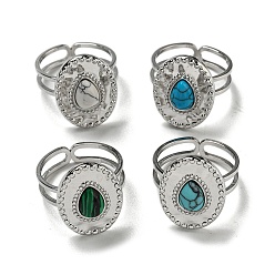 Настоящее золото 18K Овальная каплевидная форма 304 открытые манжеты из нержавеющей стали, кольца на палец из синтетического малахита и бирюзы для женщин и мужчин, реальный 18 k позолоченный, размер США 6 (16.5 мм)