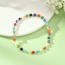 Colorido Pulseras elásticas hechas a mano con cuentas redondas de cristal millefiori para mujer., con granos de cobre amarillo, dorado, colorido, diámetro interior: 2.17 pulgada (5.5 cm)