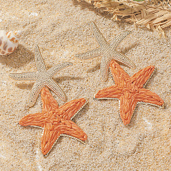 Темно-Оранжевый Серьги-гвоздики из сплава рафии с морскими звездами, золотые, темно-оранжевый, 75x48 мм