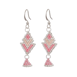 Pink Rhombus Handmade Loom Pattern Glass Seed Beaded Dangle Earrings, Brass Jewelry for Women, Pink, 49mm, Pin: 0.7mm