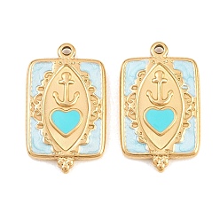 Cyan 304 Stainless Steel Enamel Pendants, Rectangle with Horse Eye & Anchor Pattern Charms, Ion Plating(IP), Golden, Cyan, 27x16x3mm, Hole: 1.6mm
