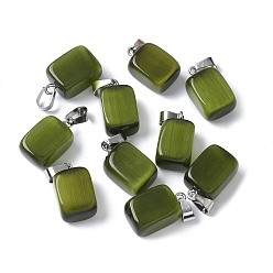 Темно-оливково-зеленый Подвески кошачий глаз, с 201 фурнитурой из нержавеющей стали, прямоугольные, цвет нержавеющей стали, темно-оливковый зеленый, 20x12x9 мм, отверстие : 7x4 мм