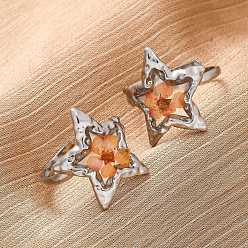 Темно-Оранжевый 304 регулируемые открытые манжеты из нержавеющей стали, Женское кольцо со звездой из эпоксидной смолы и сухоцвета, платина, темно-оранжевый, 19 мм, внутренний диаметр: регулируемый