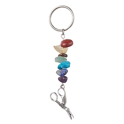 Others Tibetan Style Zinc Alloy Keychains, with Synthetic & Natural Mixed Gemstone and Iron Split Key Rings, Scissor, 8.7cm, Scissor: 66x15x3mm