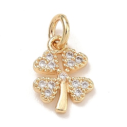 Light Gold Латунные микропаве прозрачные подвески с фианитом, клевер амулеты, стойки покрытие, долговечный, золотой свет, 11.5x8.5x1.5 мм, отверстие : 3 мм