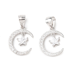 Платина 925 925 Полумесяц из стерлингового серебра с прозрачными кубическими цирконами и подвесками в виде звезд, родий, с печатью 925, платина, 14x11x3 мм, отверстие : 5x4 мм