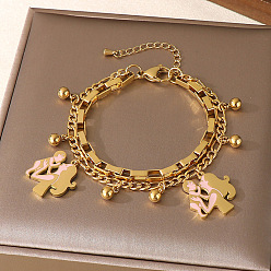 Human День матери 304 Браслеты из нержавеющей стали с цепочками Фигаро и коробчатой цепочкой, двухслойные, браслеты с подвесками для женщин, с эмалью, золотые, мама и малыш, 7.48 дюйм (19 см)