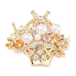 Настоящее золото 18K Латунные микро проложить кубического циркония подвески, с ABS имитации жемчуга, подвески в виде цветочных корзин, реальный 18 k позолоченный, 25.5x29x10 мм, отверстия : 1.2 mm и 2x1.5 мм