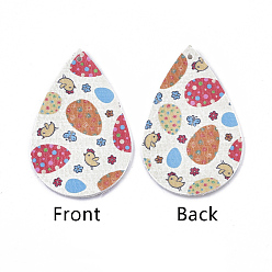 Разноцветный Большие кожаные подвески, Пасхальная тема, слезинка с птенцом и яйцом, красочный, 55~56.5x35~37x2 мм, отверстие : 1~2 мм