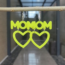 Желто-Зеленый Акриловые серьги-подвески ко Дню матери, сердце со словом мама, платина, желто-зеленый, 69x41 мм