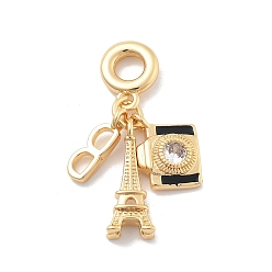 Эйфелева Башня Латунные черные эмалевые европейские подвески, подвески с большими отверстиями и прозрачными кубическими цирконами, без кадмия, без никеля и без свинца, реальный 18 k позолоченный, Эйфелева башня, 35.5 мм, отверстие : 4.5 мм