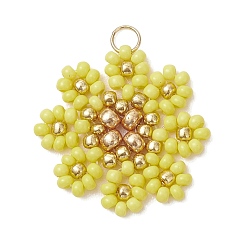 Желтый Подвески-цветы из стеклянных бус, с 304 нержавеющей стали, реальный 18 k позолоченный, желтые, 22~23x22~23x3 мм, Перейти кольцо: 4x0.5 мм, отверстие : 3 мм