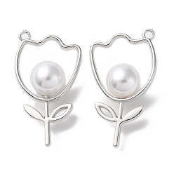 Platinum Eco-Friendly Alloy Pendants, with ABS Plastic Imitation Pearl Bead, Flower, Platinum, 35x19.5x2~10mm, Hole: 1.8mm