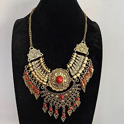 Красный Этнический стиль цинковый сплав паве синтетическая бирюза каплевидные массивные ожерелья нагрудник для женщин, античное золото , красные, 19.69 дюйм (50 см)