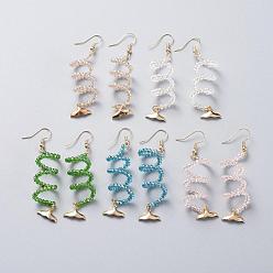 Mixed Color Dangle Earrings, with Glass Beads, Golden Plated Brass Earring Hooks Findings & Fishtail  Shape Charms, Cardboard Boxes, Mixed Color, 80mm, Pin: 0.7mm