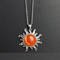 Красный Камень Подвеска в виде солнца из натурального красного яшмы, цепочка из сплава, винтажное ожерелье, платина, 19.69 дюйм (50 см)