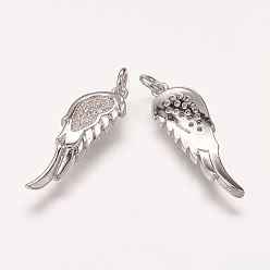 Платина Латунные микро проложить кубического циркония подвески, крыло, платина, 25.5x8x2 мм, отверстие : 2.5 мм