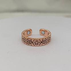 Red Copper Brass Cuff Open Rings for Men, Flower, with Magnet, Red Copper, 15~20mm