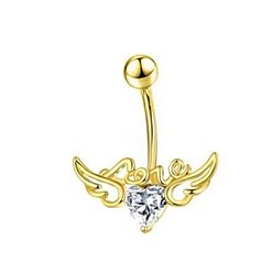 Прозрачный 304 изогнутые кольца для живота с подвеской из нержавеющей стали и кубическим цирконием, сердце с крыльями ангела, золотые, прозрачные, длина стержня: 3/8"(10мм), штифты : 1.2 мм
