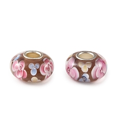 Rosy Brown Lampwork & Brass Core European Beads, Large Hole Beads, Rondelle with Flower, Rosy Brown, 15x7.5mm, Hole: 4mm
