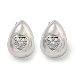 Teardrop Серьги-гвоздики из латуни с микропаве из кубического циркония для женщин, без кадмия и без свинца, долговечный, платина, слеза, 17.5x12.5 мм
