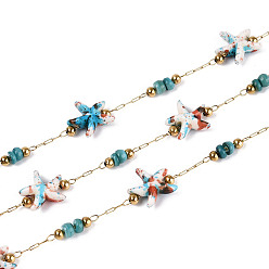 Темно-Голубой Ручная работа 316 цепочки из нержавеющей стали в форме морской звезды, с синтетической бирюзой, ракушками и бусинами из нержавеющей стали, пайки, с катушкой, реальный 18 k позолоченный, ионное покрытие (ip), глубокое синее небо, 10x9~9.5x4 мм, около 16.40 футов (5 м) / рулон