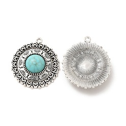 Antique Silver Retro Alloy Pendants, with Synthetic Turquoise, Flat Round Charms, Antique Silver, 33.5x30x8mm, Hole: 1.8mm